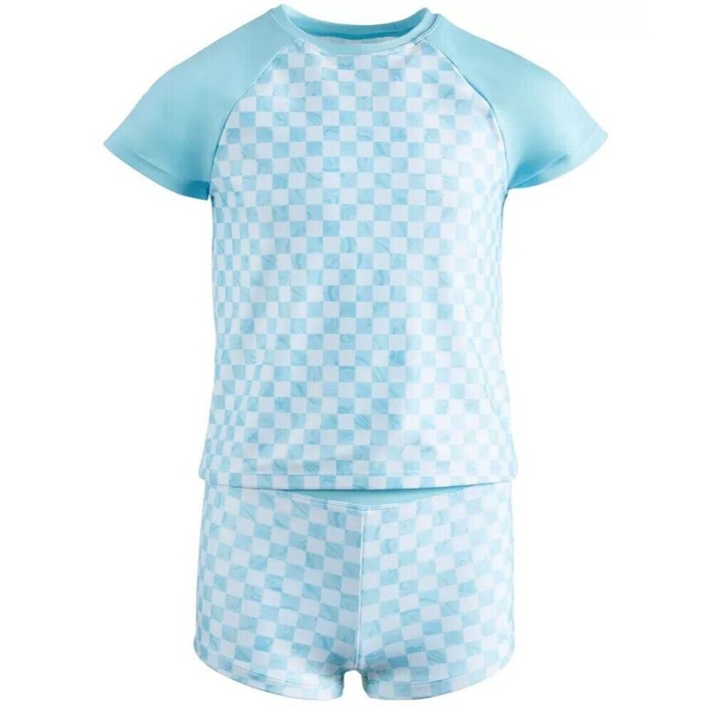 ID Ideology Little Girls 2-Piece Checkered Rash Guard & Swim Shorts Blue 10-12